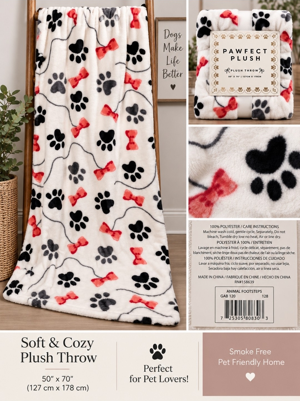 Pet Lovers Throw - White with Black Paw Prints and Red Bows